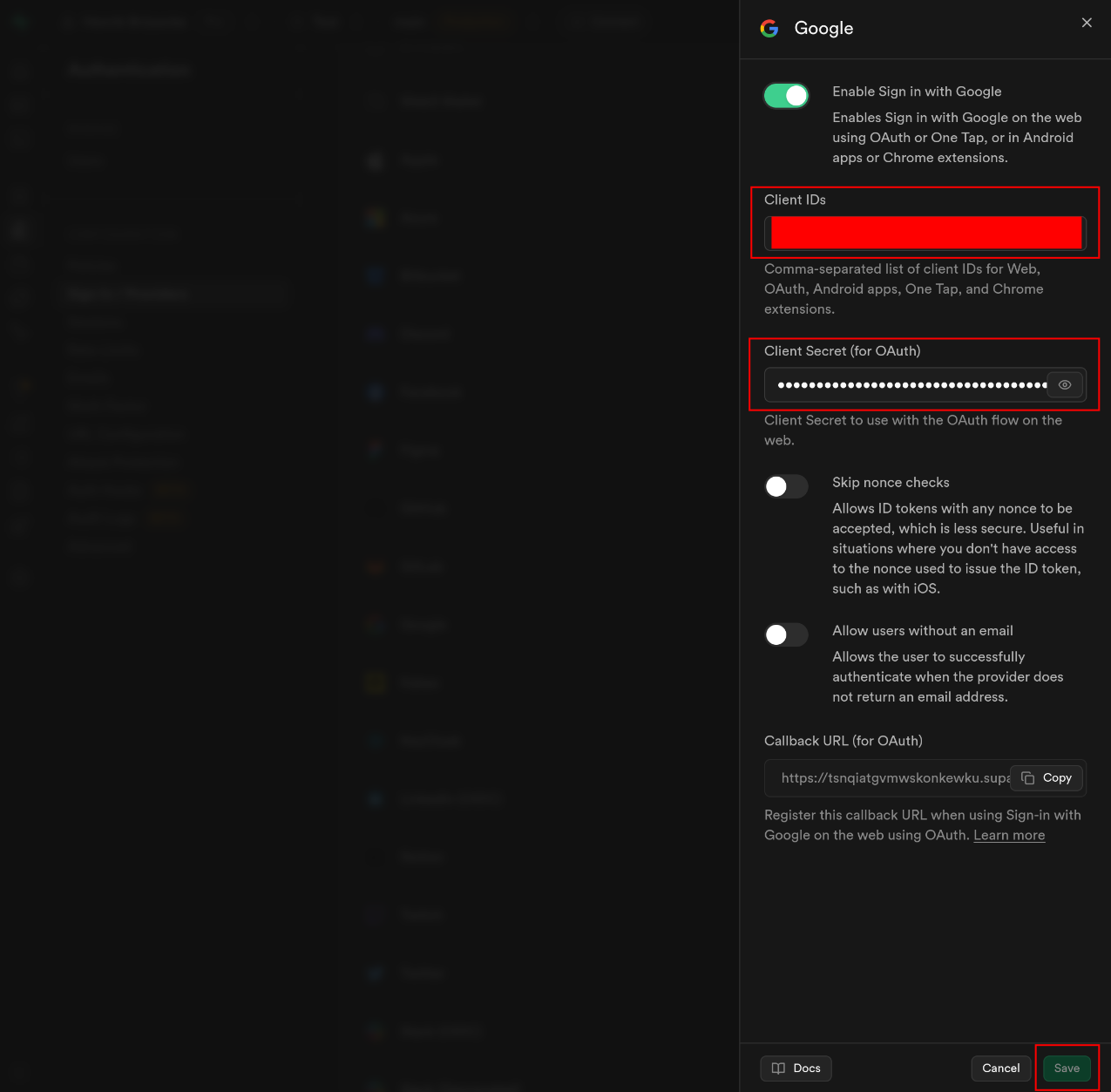 Google Application Supabase